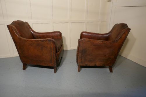 fig 1. A Pair of Elegant Shabby French Art Deco Leather Club Chairs