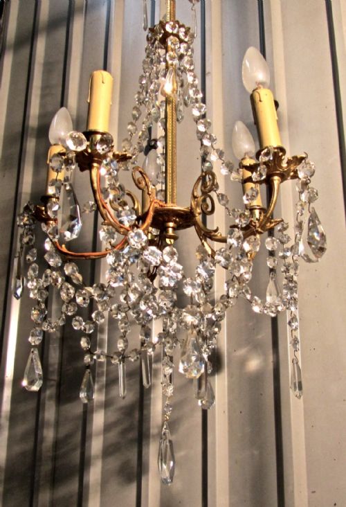 fig 1. A Charming and Large French Cut Glass and Brass 5 Branch Chandelier