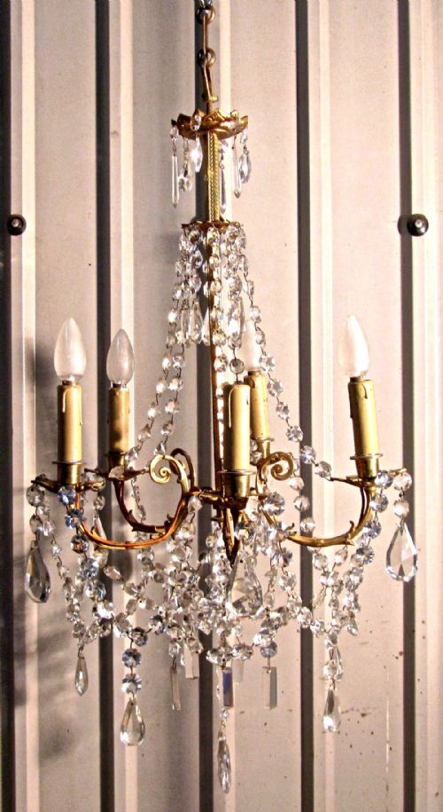fig 3. A Charming and Large French Cut Glass and Brass 5 Branch Chandelier