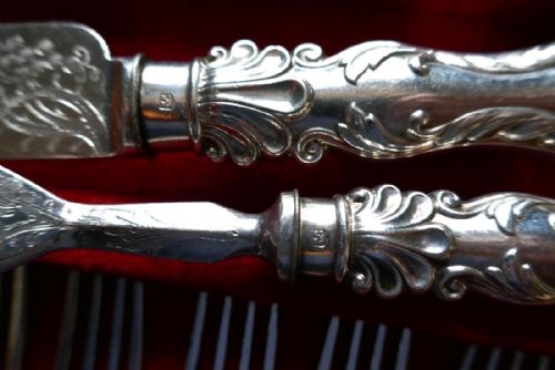 fig 5. Arts Nouveau 50 Silver Piece Desert Set in Original Sycamore Canteen 1860