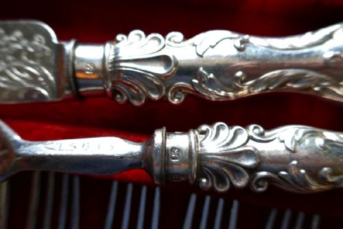 fig 6. Arts Nouveau 50 Silver Piece Desert Set in Original Sycamore Canteen 1860