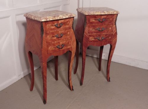 fig 1. A Pair of Inlaid French Marquetry and Marble Bombe Shaped Bedside Cupboards