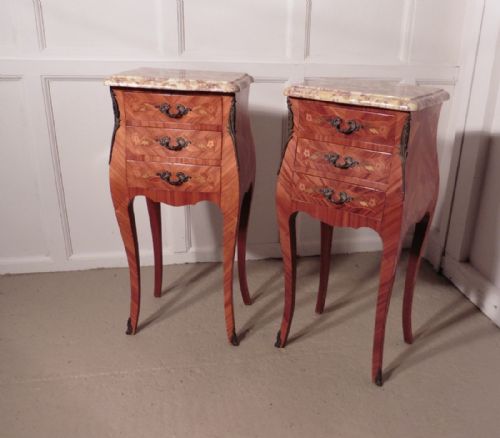 fig 2. A Pair of Inlaid French Marquetry and Marble Bombe Shaped Bedside Cupboards