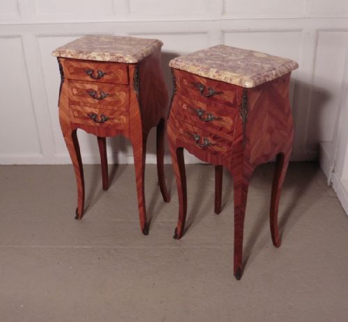 fig 3. A Pair of Inlaid French Marquetry and Marble Bombe Shaped Bedside Cupboards