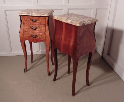 fig 4. A Pair of Inlaid French Marquetry and Marble Bombe Shaped Bedside Cupboards