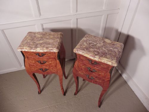 fig 5. A Pair of Inlaid French Marquetry and Marble Bombe Shaped Bedside Cupboards