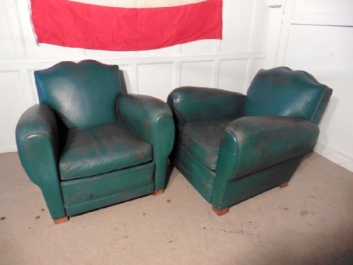 A Pair of French Art Deco Leather Club Chairs in Green