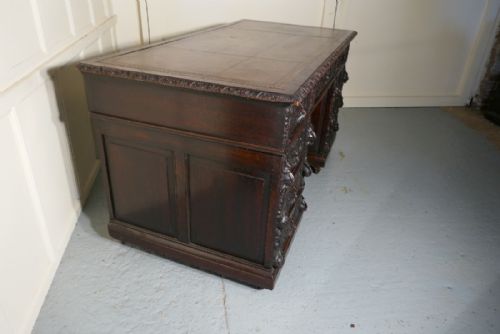 fig 1. A Superb Large Victorian Green Man Carved Oak Pedestal Desk