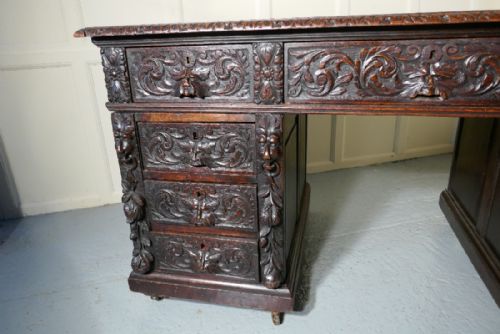 fig 3. A Superb Large Victorian Green Man Carved Oak Pedestal Desk