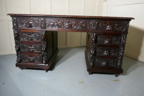 fig 4. A Superb Large Victorian Green Man Carved Oak Pedestal Desk