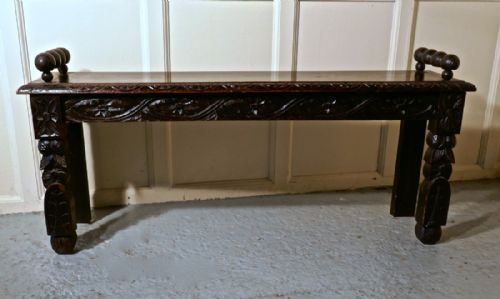 19th Century Carved Gothic Oak Window Seat or Hall Bench