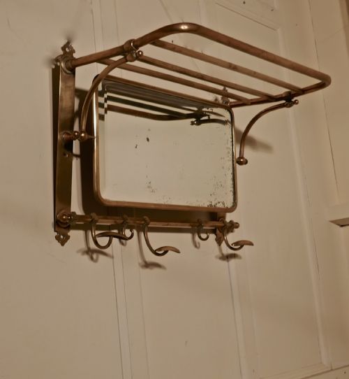 French Art Deco Brass Hat and Coat Shelf Mirror from a Railway Train