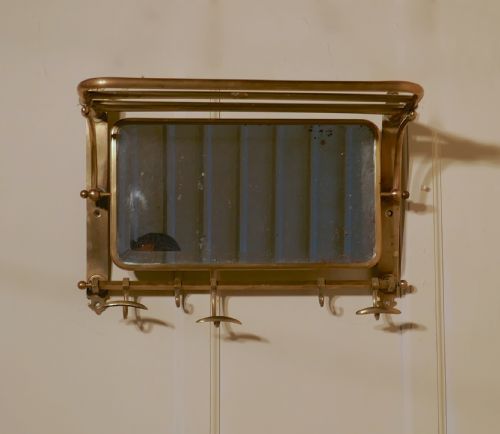 fig 1. French Art Deco Brass Hat and Coat Shelf Mirror From a Railway Train 