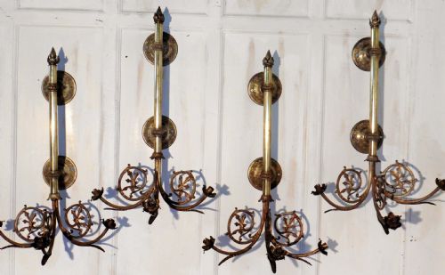 A Set of 4 French Very Large Brass Triple Wall Lights