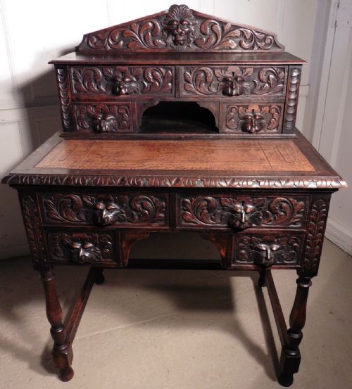 Green Man Oak Bonheur De Jour or Ladies Writing Desk