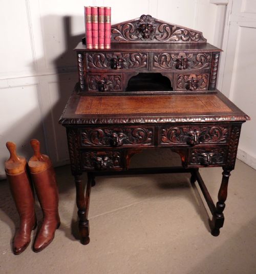 fig 1. Green Man Oak Bonheur de Jour or Ladies writing Desk