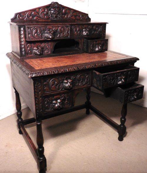 fig 2. Green Man Oak Bonheur de Jour or Ladies writing Desk
