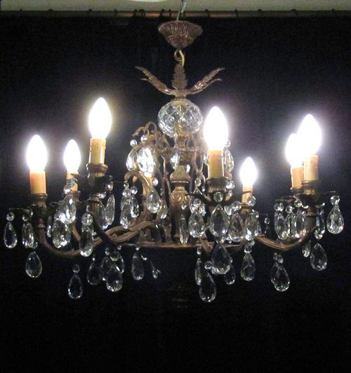 Large French Cut Glass 8 Branch Brass Chandelier