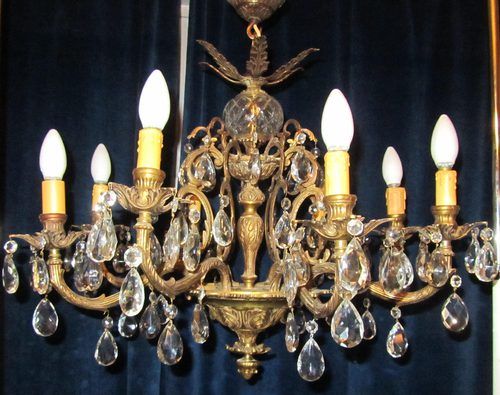 fig 1. Large French Cut Glass 8 Branch Brass Chandelier