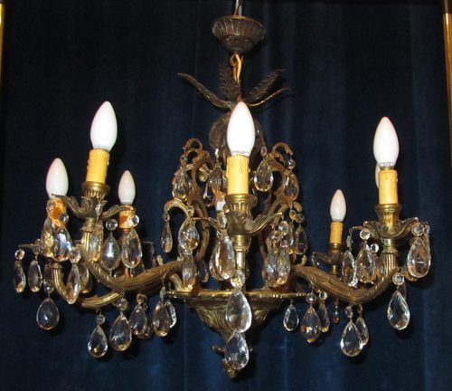 fig 3. Large French Cut Glass 8 Branch Brass Chandelier