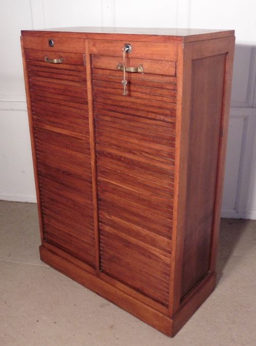 fig 1. French Tambour Double Fronted Oak Art Deco Filing Cabinet