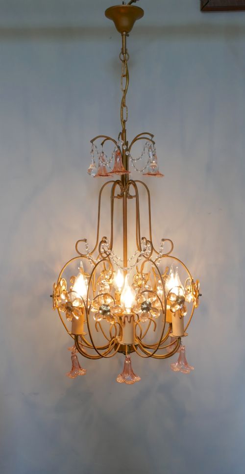 A Charming French Pink Glass Chandelier Light Fitting