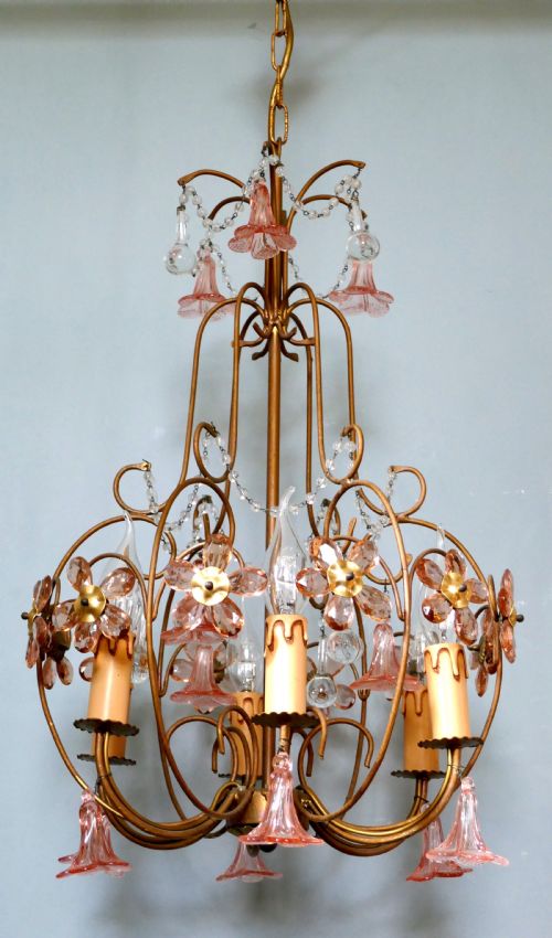 fig 1. A Charming French Pink Glass Chandelier Light Fitting