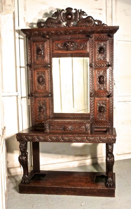 A Superb Quality Victorian Green Man Gothic Carved Oak Hall Stand