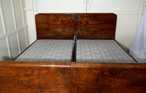 fig 1. A 7ft Burr Walnut Art Deco French Kingsize Double Bed or Twin Beds