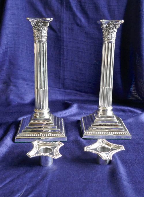 fig 1. Pair of Classical Corinthian Column Silver Candlesticks Edwardian 1910