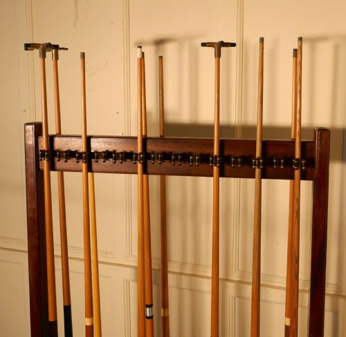 fig 1. Large 19th Century Mahogany 28 Snooker Cue Rack and Cues