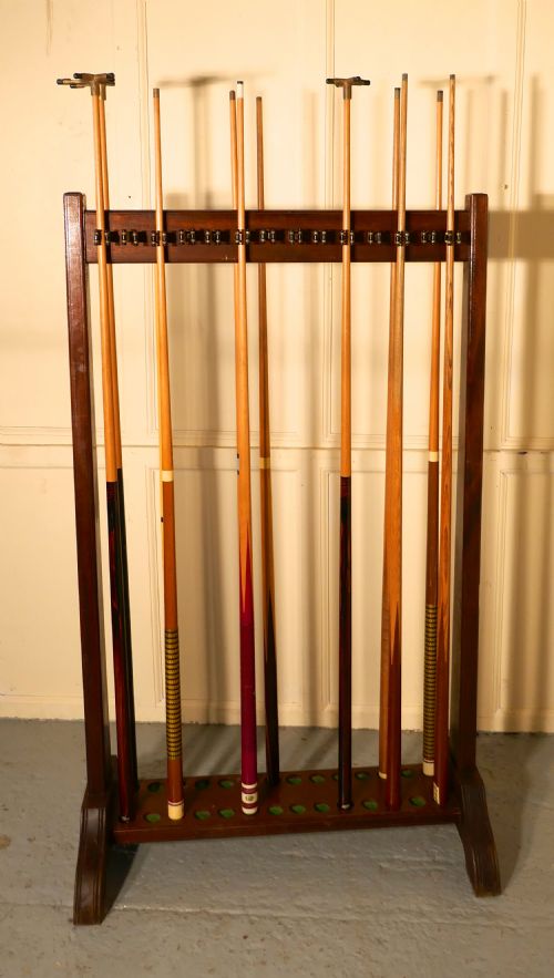 fig 3. Large 19th Century Mahogany 28 Snooker Cue Rack and Cues