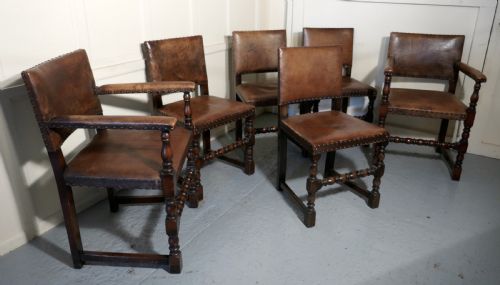 Set of 6 Jacobean Style Gothic Oak and Leather Dining Chairs