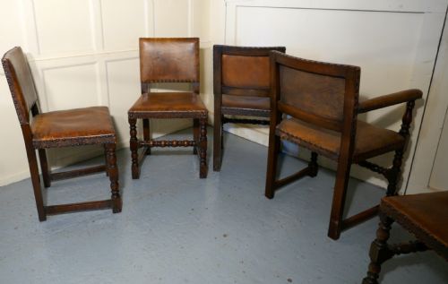 fig 1. Set of 6 Jacobean Style Gothic Oak and Leather Dining Chairs