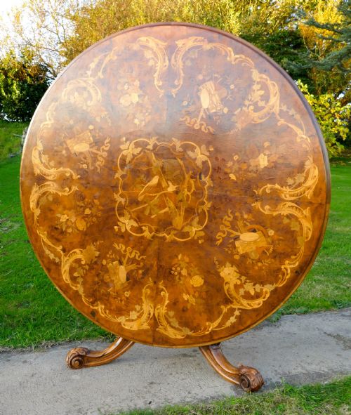 Large Inlaid Musical Theme Burr Walnut Marquetry Centre Dining Table