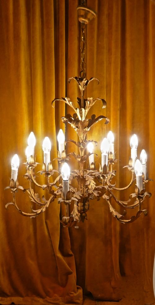 A Very Large French 12 Branch Gold Tole Chandelier