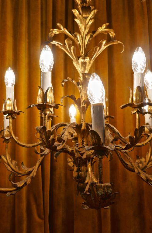 fig 1. A Very Large French 12 Branch Gold Tole Chandelier