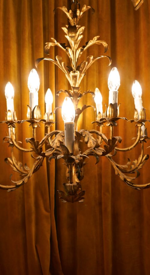 fig 2. A Very Large French 12 Branch Gold Tole Chandelier
