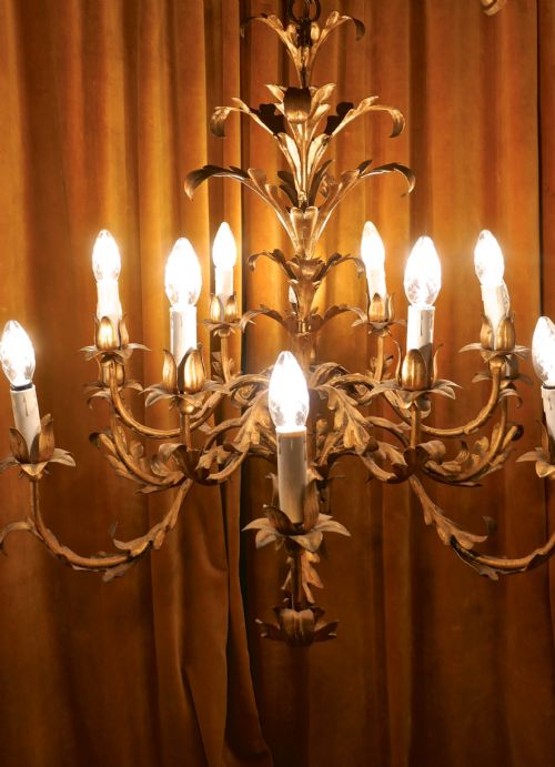 fig 3. A Very Large French 12 Branch Gold Tole Chandelier
