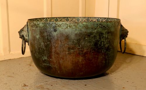 Large Bronze Temple Water Bowl with Lion Dog Mask Ring Handles 1850
