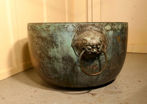 fig 1. Large Bronze Temple Water Bowl with Lion Dog Mask Ring Handles 1850