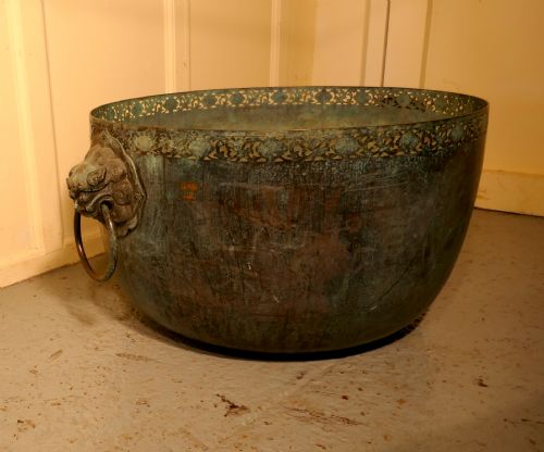 fig 2. Large Bronze Temple Water Bowl with Lion Dog Mask Ring Handles 1850