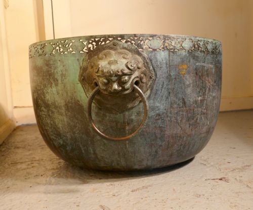 fig 3. Large Bronze Temple Water Bowl with Lion Dog Mask Ring Handles 1850