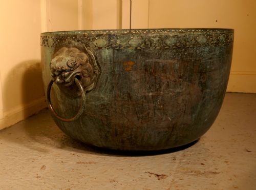 fig 4. Large Bronze Temple Water Bowl with Lion Dog Mask Ring Handles 1850