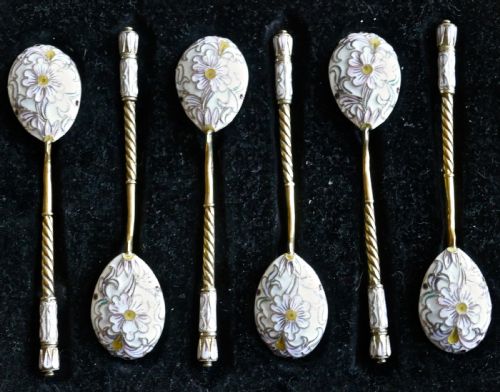 A Good Set of 6 Russian Imperial Silver White Cloisonné Enamel Spoons