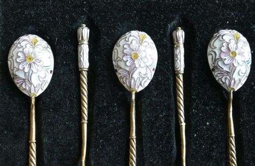 fig 2. A Good Set Of 6 Russian Imperial Silver White Cloisonné Enamel Spoons 