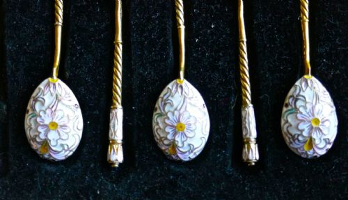 fig 3. A Good Set Of 6 Russian Imperial Silver White Cloisonné Enamel Spoons 