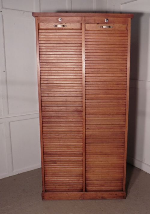 Tall Double Tambour Oak Art Deco Filing Cabinet