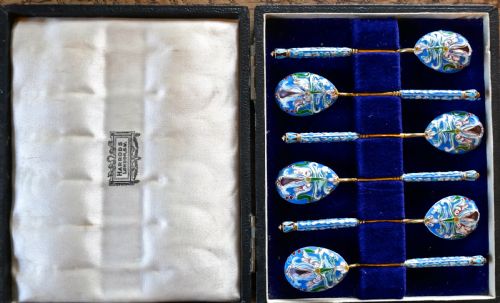 A Good Set of 6 Russian Imperial Silver Pale Blue Cloisonné Enamel Spoons