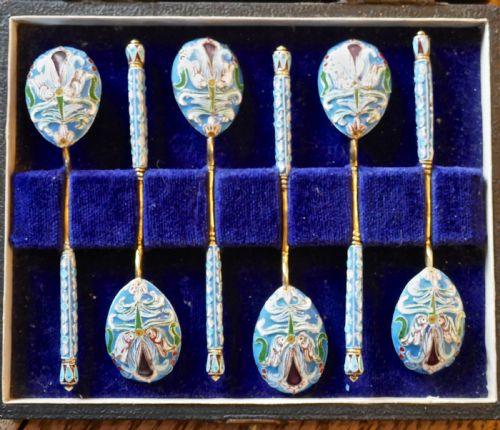 fig 1. A Good Set Of 6 Russian Imperial Silver Pale Blue Cloisonné Enamel Spoons 